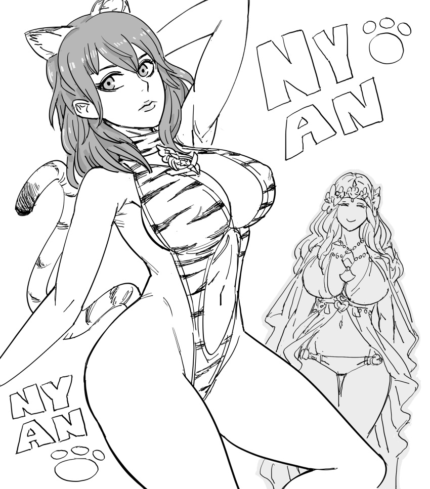 2022 2girls ^_^ absurd_res absurdres alternate_costume animal_ears animal_print arm_up armpits bare_arms bare_shoulders bb_(baalbuddy) bikini breasts byleth_(fire_emblem) byleth_(fire_emblem)_(female) cat_ears cat_tail catgirl cleavage clothing_cutout collar cosplay crossover dragon_pink dress english_commentary english_text expressionless fake_animal_ears female female_only fire_emblem fire_emblem:_three_houses fire_emblem_heroes greyscale hair_between_eyes hair_ornament highleg highleg_leotard highres huge_breasts jewelry kemonomimi_mode large_breasts leotard long_hair looking_to_the_side medium_hair monochrome multiple_girls navel navel_cutout nintendo nyan o-ring o-ring_panties official_alternate_costume panties paw_print pawprint paws pink_(dragon_pink) pink_(dragon_pink)_(cosplay) raised_tail revealing_clothes rhea_(fire_emblem) rhea_(summer)_(fire_emblem) simple_background smile solo_focus standing stomach stomach_cutout swimsuit tail text thick_thighs thighs tiger_print underwear white_background wide_hips