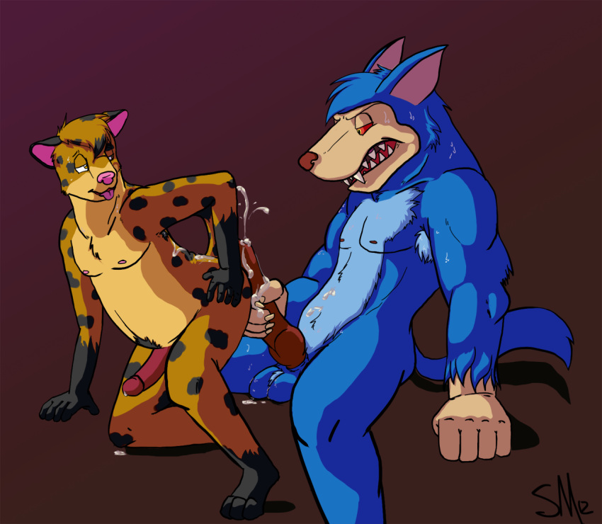 anthro blue_fur cum furry gay male open_mouth ralph_(rampage) rampage_(game) red_sclera sharp_teeth skoogers spotted_fur wolf yaoi