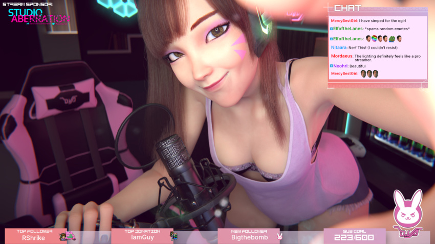 1girls 3d :) adjusting_camera blizzard_entertainment breasts chat cleavage d.va denim_shorts english_text eyeshadow female female_only gamer_girl headgear light-skinned_female overwatch pink_clothing pink_eyeshadow selfie small_breasts smirk streamer streaming studioaberration text twitch