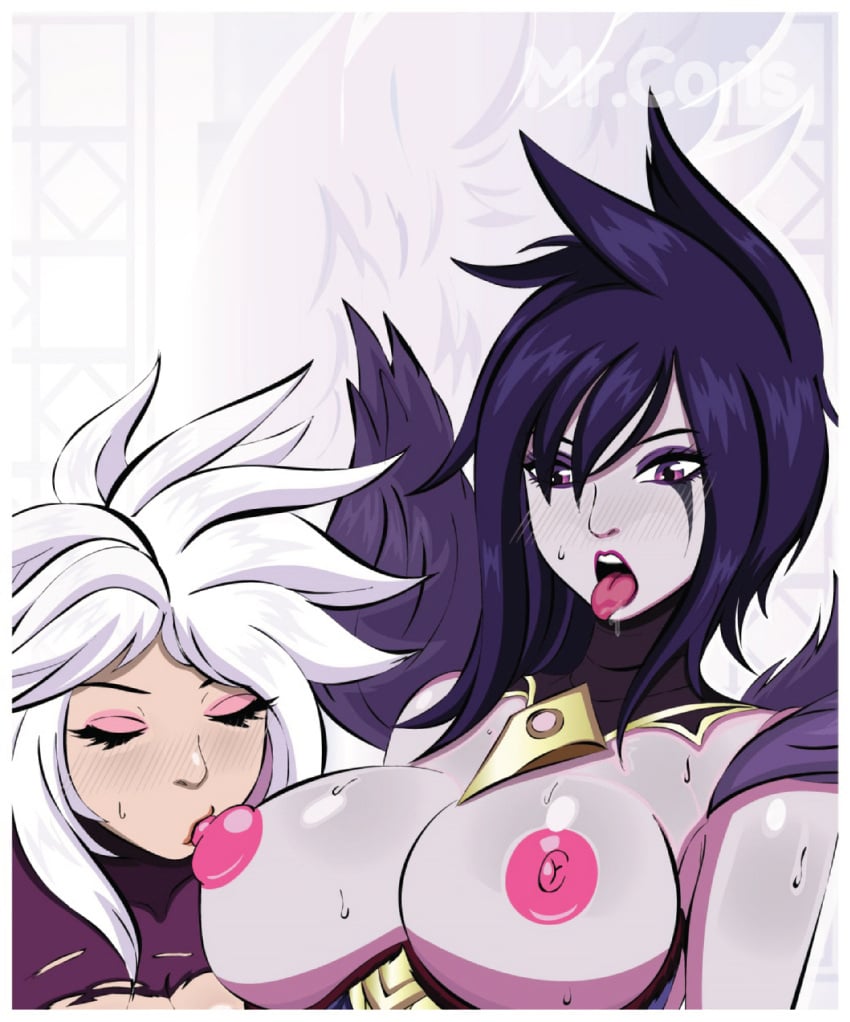 2girls big_breasts breasts eyelashes female female/female female_only incest kayle league_of_legends morgana mr._coris multiple_girls partially_clothed purple_eyes purple_hair riot_games saliva sucking sucking_nipples tongue tongue_out white_hair wings yuri