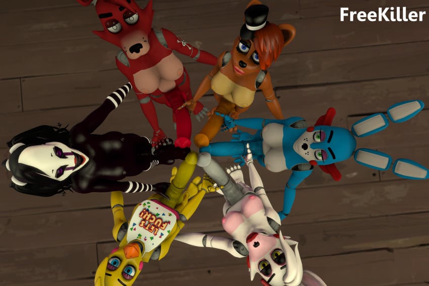 3d bonnie_(fnaf) chica_(fnaf) erection five_nights_at_freddy's five_nights_at_freddy's_2 foxy_(fnaf) freddy_(fnaf) frederika_(fnaf) freekiller from_above futa_only futanari handjob holding_ass horsecock interspecies jerkingoff_another mangle_(fnaf) marionette_(fnaf) multiple_penises puppet_(fnaf) wooden_floor