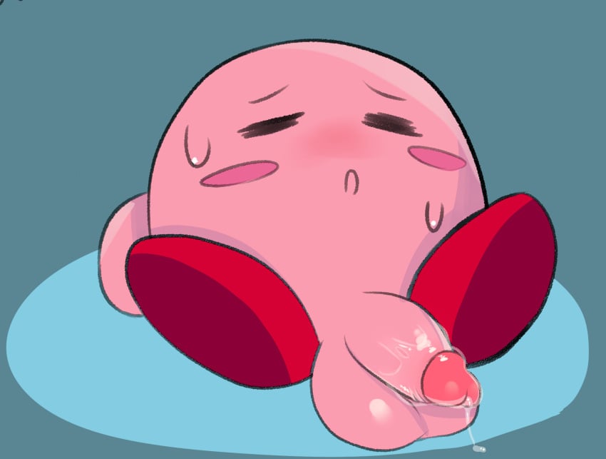 adorable balls big_balls big_penis big_testicles blush blush cute cute_face dizzytizzy feet huge_cock kirby kirby_(series) male male_only penis pink_body pink_skin red_feet solo solo_male sweat testicles