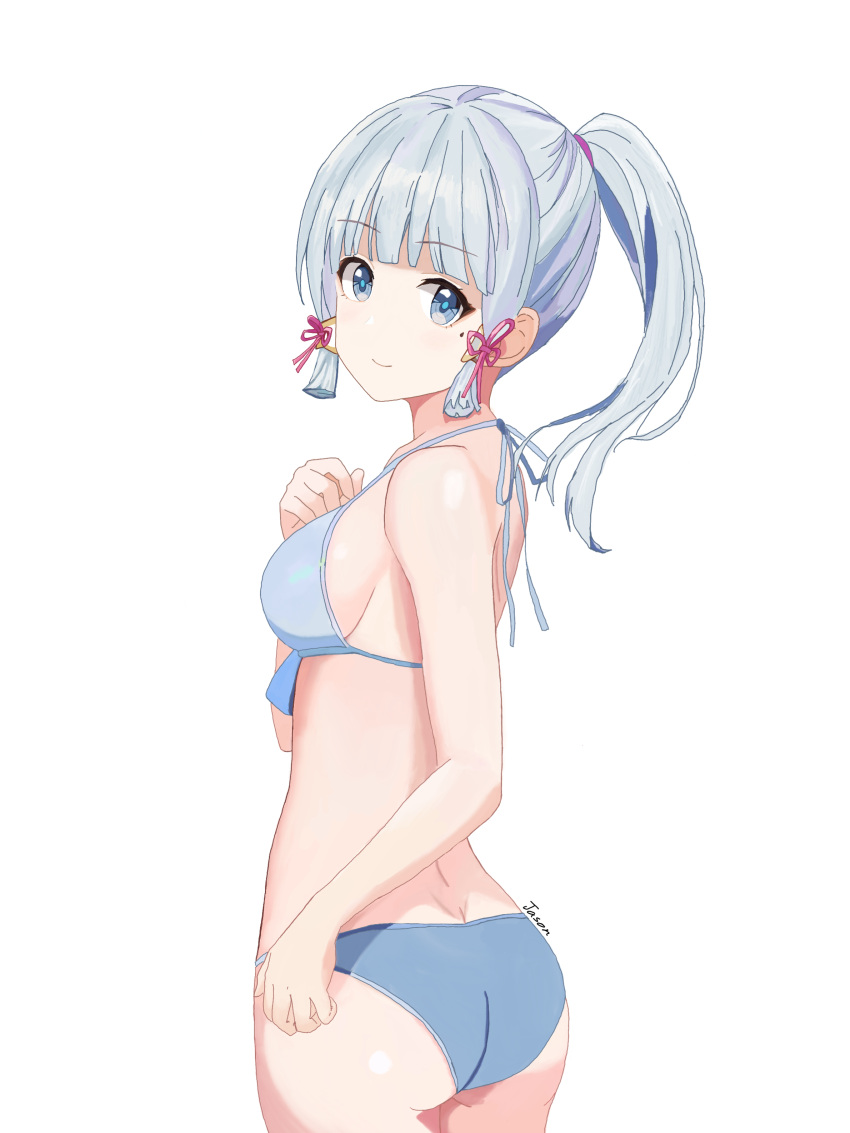 absurdres aqua_swimsuit ass bikini blue_bikini blue_hair blush breasts female genshin_impact highres kamisato_ayaka long_hair looking_at_viewer string_bikini swimsuit swimsuit_costume