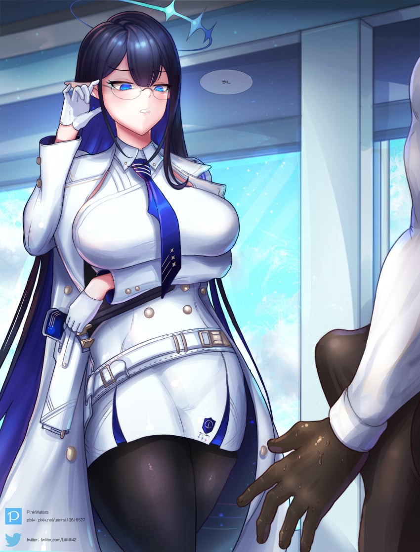 big_breasts black_hair blue_archive blue_eyes clothed dark-skinned_male dark_skin elf erection erection_under_clothes general_student_council_(blue_archive) general_student_council_logo_(blue_archive) glasses imminent_sex large_breasts long_hair pale-skinned_female pinkwaters pointy_ears rin_(blue_archive) two_tone_hair