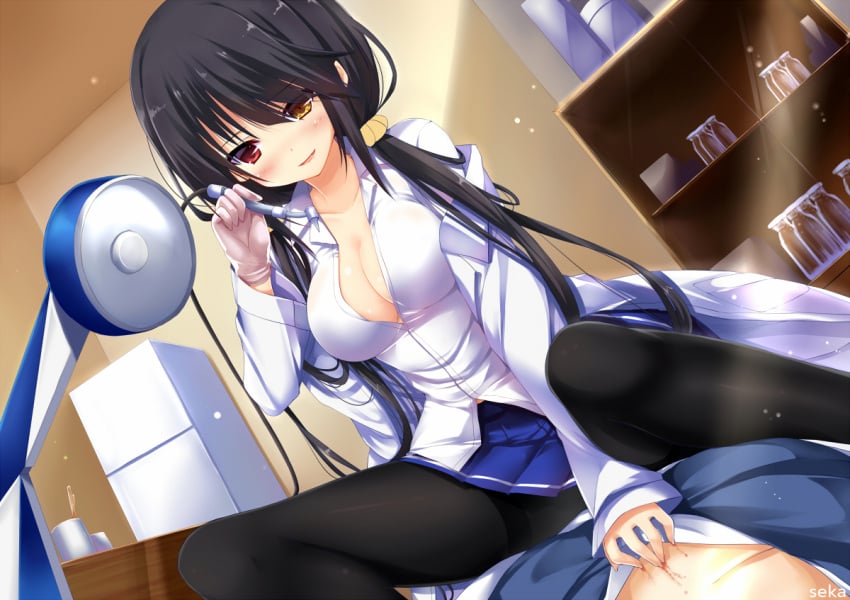 black_hair blood blush breasts cleavage clock_eye date_a_live female hair_between_eyes hair_over_one_eye heterochromia indoors lamp long_hair male red_eye refrigerator scratching sitting_on_person smile tokisaki_kurumi twintails