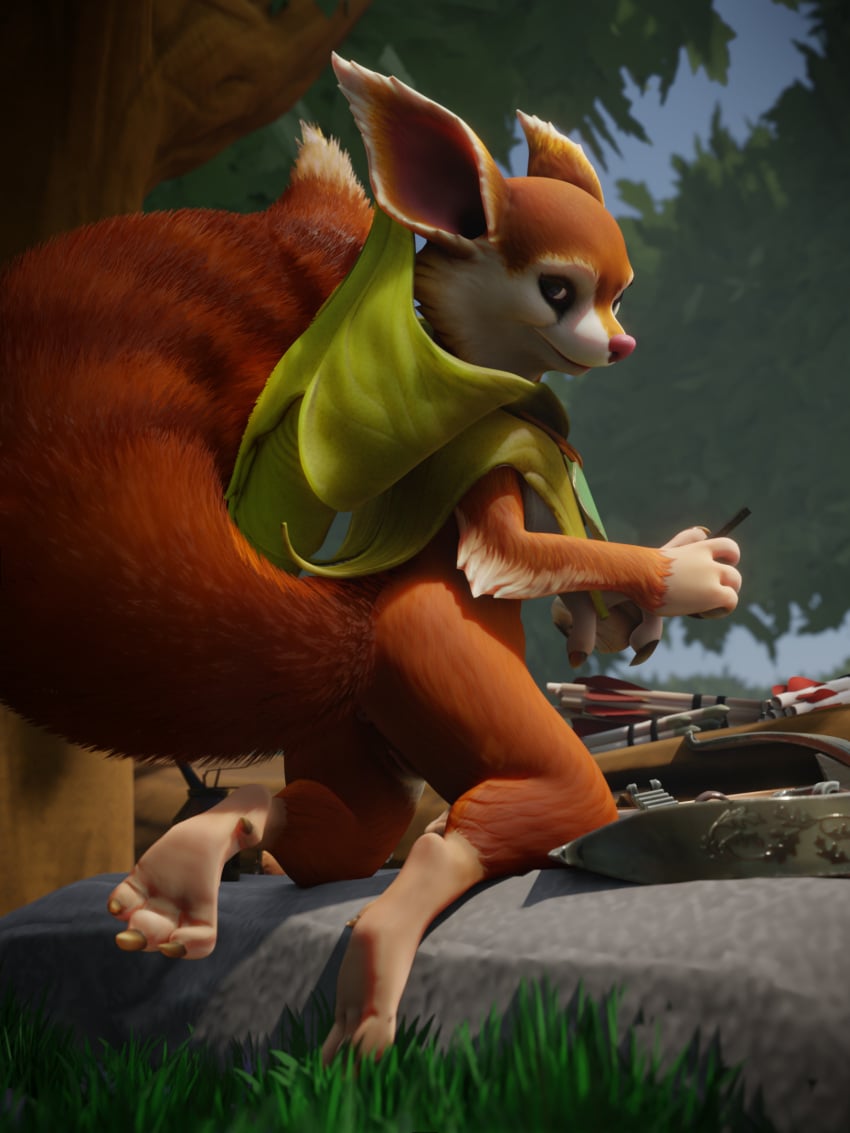 3:4 3d 3d_(artwork) 4_fingers acorn ano_delta anthro anus ass big_ears blender_(software) blue_eyes bolts breasts brown_body brown_fur claws clothing crossbow digital_media_(artwork) dota dota_2 ears_back feet female fingers food forest forest_background fruit fur genitals grass hi_res holding_object hood hoodwink_(dota) kneeling looking_aside mammal nature nature_background nut_(fruit) outside pivoted_ears plant pose pussy raised_tail ranged_weapon rear_view red_nose repair rock rodent sciurid solo tail_tuft toes tree tree_squirrel tuft video_games weapon white_body wood