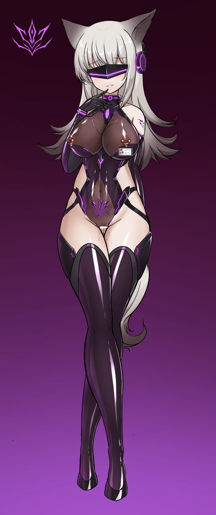 absurdres alternate_costume animal_ears arknights bar_censor bare_shoulders behind-the-head_headphones black_gloves blush boots brown_leotard budesonide censored corruption covered_navel crossed_legs crotchless crotchless_leotard dark_persona elbow_gloves facing_viewer female female_only finger_to_mouth fox_ears fox_girl fox_tail frostleaf_(arknights) full_body gloves gradient gradient_background groin headphones highres impossible_clothes impossible_leotard leotard long_hair looking_at_viewer multi_ear nipple_piercing parted_lips pierced_through_clothes piercing pubic_tattoo purple-tinted_eyewear purple_background purple_footwear pussy pussy_juice revealing_clothes shiny_clothes shoulder_tattoo silver_hair smile solo standing tail tattoo thigh_boots thighhighs tight_clothing tinted_eyewear visor watson_cross