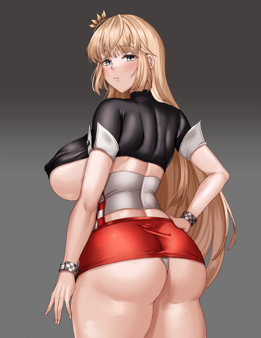 1girls ass big_ass big_breasts big_butt blonde_hair blush breasts eye_contact female female_focus female_only huge_breasts last_origin leona_(last_origin) light-skinned_female light_skin long_hair looking_at_viewer miniskirt skirt solo standing tenma_(tenma_0209) thick_thighs tight_clothing tight_skirt wide_hips