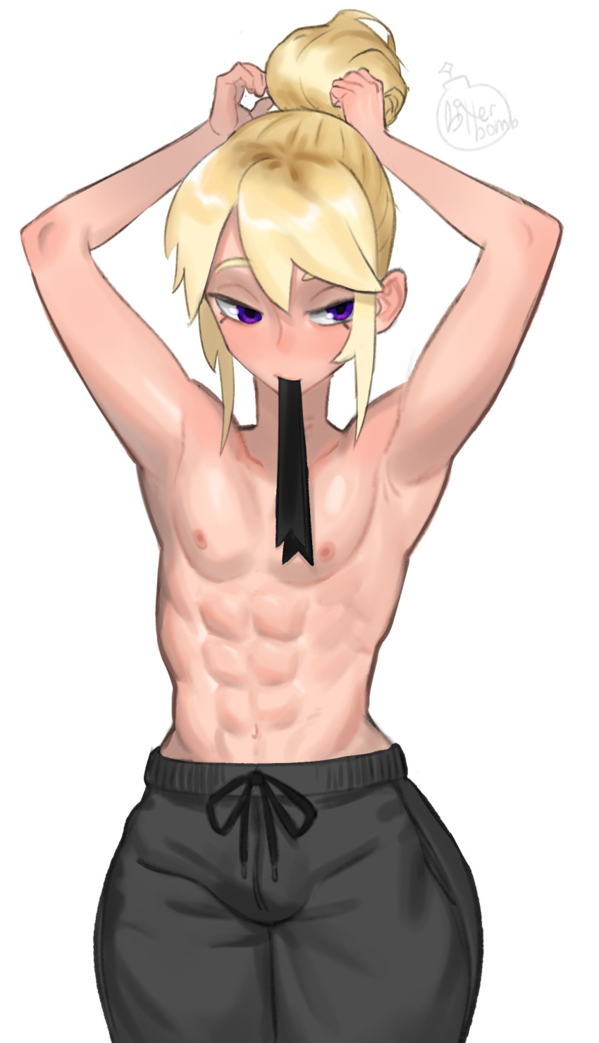 abs bitterbomb blonde_hair femboy feminine_male fit male male_only purple_eyes solo_male sweet_dynamite topless_male trap