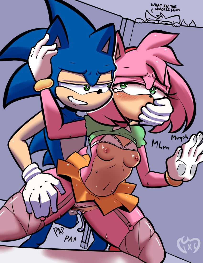 accessory aged_up amy_rose anthro being_watched black_nose blue_body blue_fur blush blush_lines bodily_fluids bottomwear breasts canid canine classic_amy_rose classic_sonic_(universe) clothed clothed/nude clothed_female clothed_female_nude_male clothed_sex clothing covering covering_another's_mouth covering_mouth cum cum_in_pussy cum_inside duo eulipotyphlan exposed_torso female fox fur gag gagged genital_fluids gloved_handgag gloves green_clothing green_eyes green_shirt green_topwear grey_background hand_gagged hand_on_head hand_on_leg hand_on_thigh hand_over_another's_mouth hand_over_mouth handgag handwear headband headgear headwear hedgehog hi_res legwear lingerie male male/female mammal naked nude nude_male orange_bottomwear orange_clothing orange_skirt panties_aside partially_clothed pink_body pink_fur red_clothing red_headband red_headwear sega sex shirt simple_background skirt small_breasts sonic_(series) sonic_the_hedgehog sonic_the_hedgehog_(series) speech_bubble stockings tails_the_fox tears tears_of_pleasure text topwear vixycore white_clothing white_gloves white_handwear white_lingerie