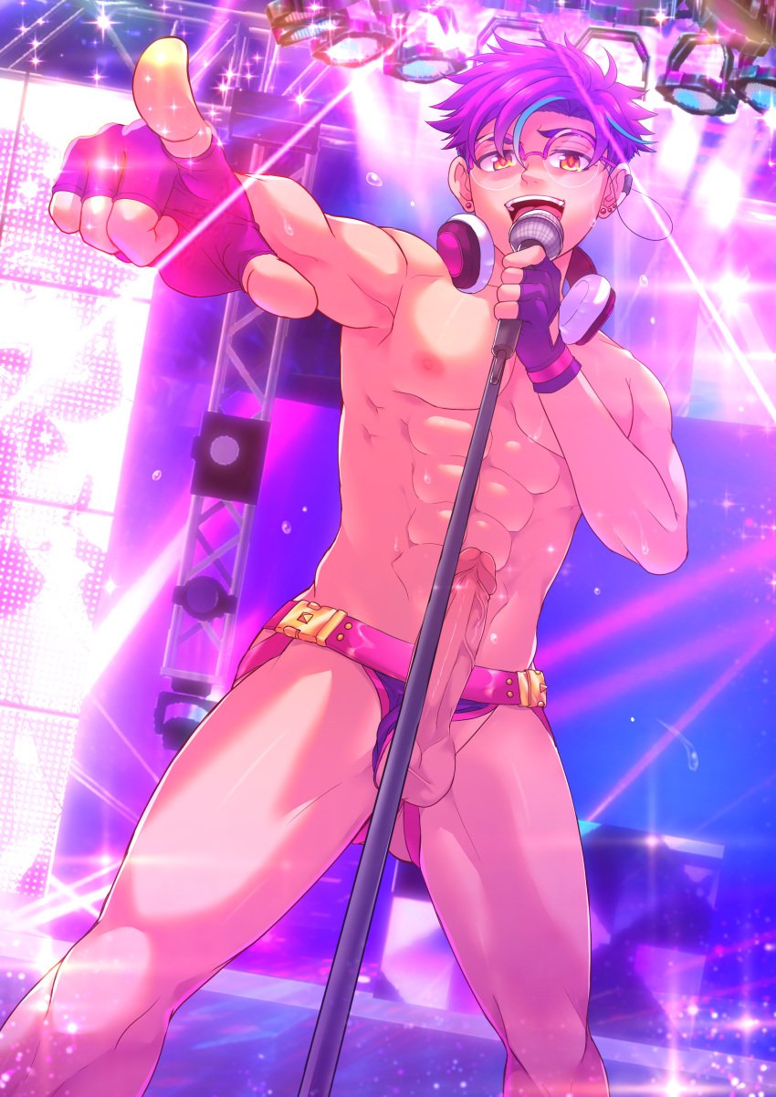 1boy abs big_penis camp_buddy chest color dick erection gay glasses highres huge_cock hung justin looking_at_viewer magiasan microphone mikkoukun practically_nude purple_hair solo solo_male yaoi