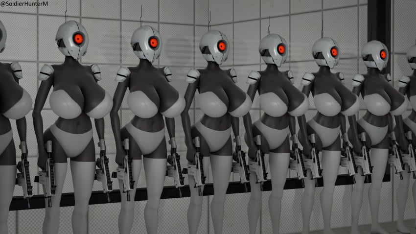 3d 3d_(artwork) 8girls ass automated_turret big_breasts bikini black_skin bodysuit breasts dark_skin female_only gun helmet huge_breasts humanoid multiple_girls portal_(series) portal_2 red_eyes robot robot_girl robot_humanoid sentry_turret soldierhunterm source_filmmaker turret turret_(portal) turret_gal_(soldierhunterm) valve