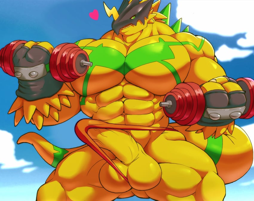 1boy 1male abs balls bandai_namco bara big_pecs black_gloves bulkmon digimon dumbbells fingerless_gloves gay green_skin heart looking_away macrosteen male male_only muscular orange_underwear pecs pectorals penis sharp_teeth tail thick_thighs thighs thong underwear working_out yellow_skin