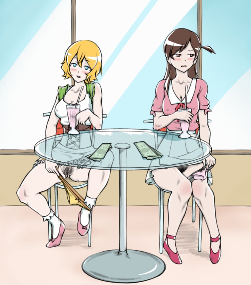 2girls ballerina ballet_slippers blush diner dochpro embarrassed exhibitionism flat_shoes flats kanojo_okarishimasu mary_janes mizuhara_chizuru money multiple_girls nanami_mami panty_pull pokies pubic_hair pussy removing_panties short_hair underwear