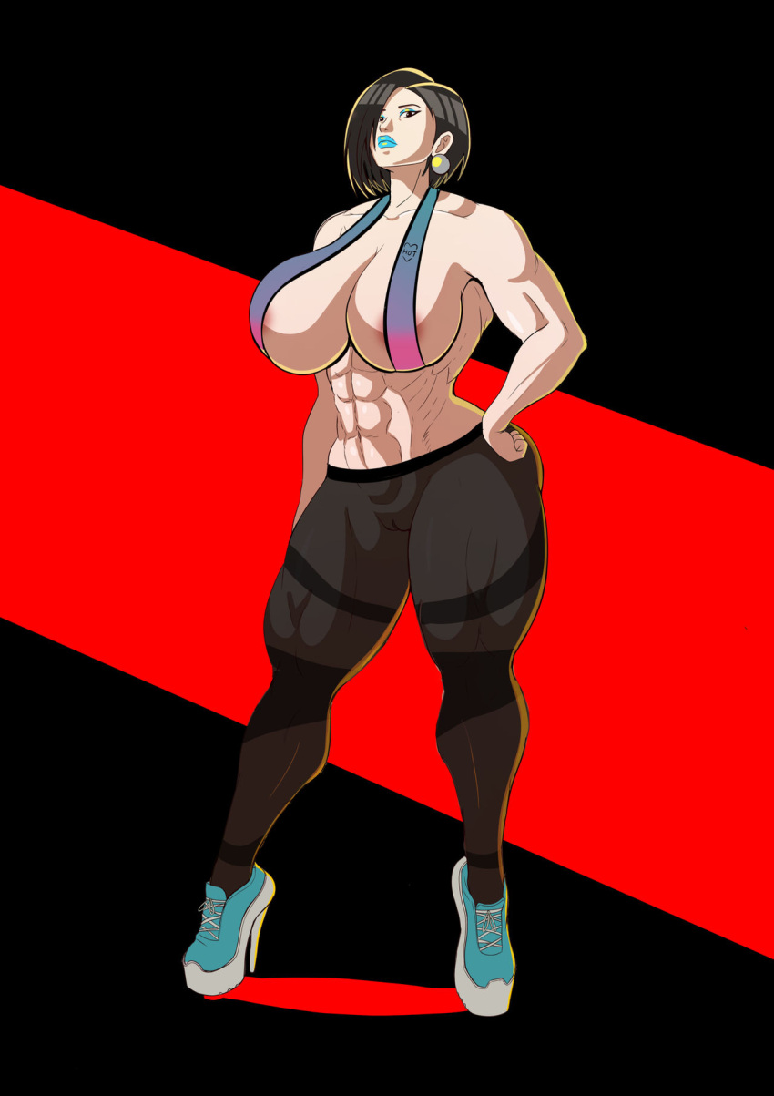 abs annon bimbo bimbofication black_hair blue_lipstick coach_hiraguchi earrings heeled_shoes high_heel_sneakers high_heeled_sneakers high_heels huge_breasts lipstick muscular_female naughty_face persona persona_5 persona_5_royal pussy seductive seductive_look thick_thighs