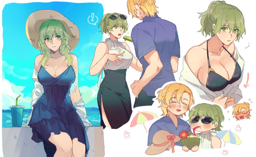 ! 1boy 1girls :d ^_^ alternate_costume alternate_hairstyle bangs bare_shoulders bikini black_bikini black_skirt blonde_hair blue_dress blue_shirt breasts byleth_(fire_emblem) byleth_(fire_emblem)_(female) casual cleavage closed_eyes coconut contemporary cup dimitri_alexandre_blaiddyd disposable_cup dress drinking_straw enlightened_byleth_(female) eyebrows_visible_through_hair eyewear_on_head feet_out_of_frame fire_emblem fire_emblem:_three_houses food fruit_cup green_eyes green_hair hat high-waist_skirt huge_breasts kkomcce large_breasts long_hair looking_at_viewer off_shoulder open_mouth pickle ponytail popsicle shirt shocked short_hair sitting skirt sleeveless smile spoken_exclamation_mark sun_hat sunglasses swimsuit white_background