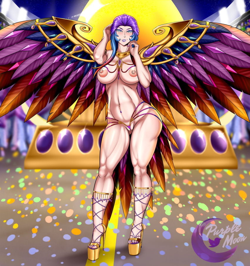 1girls alternate_costume anivia belly_piercing blue_eyes breasts carnival colored_eyelashes confetti costume exposed_breasts feathered_wings feathers festival_queen_anivia fit_female footwear heavy_makeup high_heels human human_version humanized jewelry league_of_legends lipstick makeup multicolored_feathers multicolored_hair nail_polish open_toe_shoes pink_nipples platform_heels posing purplemoonnsfw small_clothes solo_female solo_focus tall_female thong toenail_polish toned_legs white_skin wings wonders_of_the_world_series