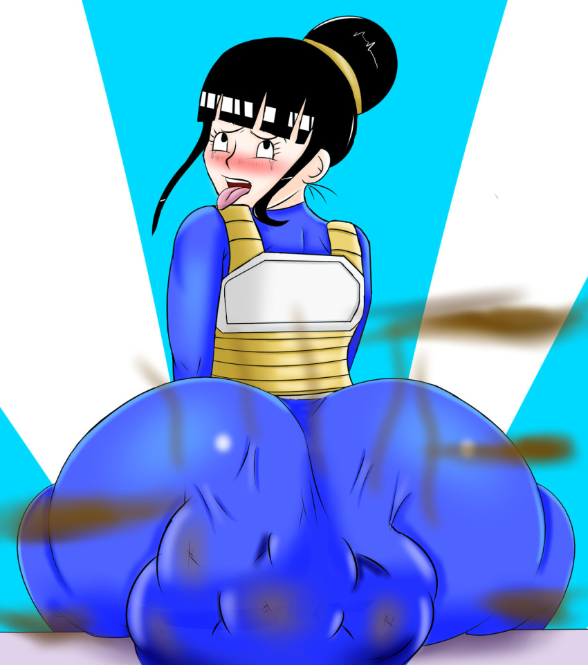 ass big_ass black_hair blaze_(artist) blush chichi clothes_holding_scat dragon_ball dragon_ball_z female open_mouth scat shitting soiling stink_lines tight_clothing tongue_out