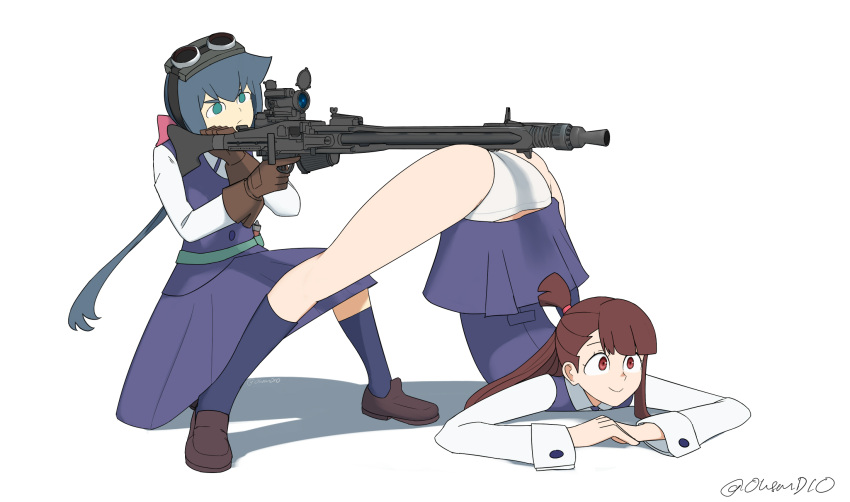 2girls akko_kagari ass constanze_amalie_von_braunschbank-albrechtsberger gun jack-o_pose little_witch_academia mg42 oksandio panties tagme top-down_bottom-up