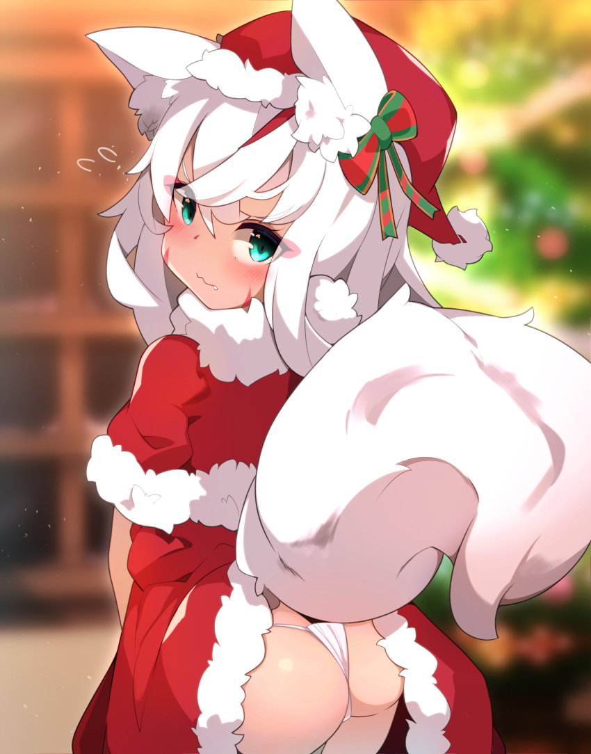 animal_ear_fluff animal_ears ass blue_eyes blush bow christmas christmas_tree clothes_lift dress dress_lift facial_mark female female flying_sweatdrops fox_ears fox_girl fox_tail from_behind fundoshi fur_trim hairbow hat highres japanese_clothes long_hair looking_back oerba_yun_fang original panties red_dress red_headwear ribbon santa_costume santa_hat solo tail tail_lift thighs underwear white_hair white_panties zamudelin