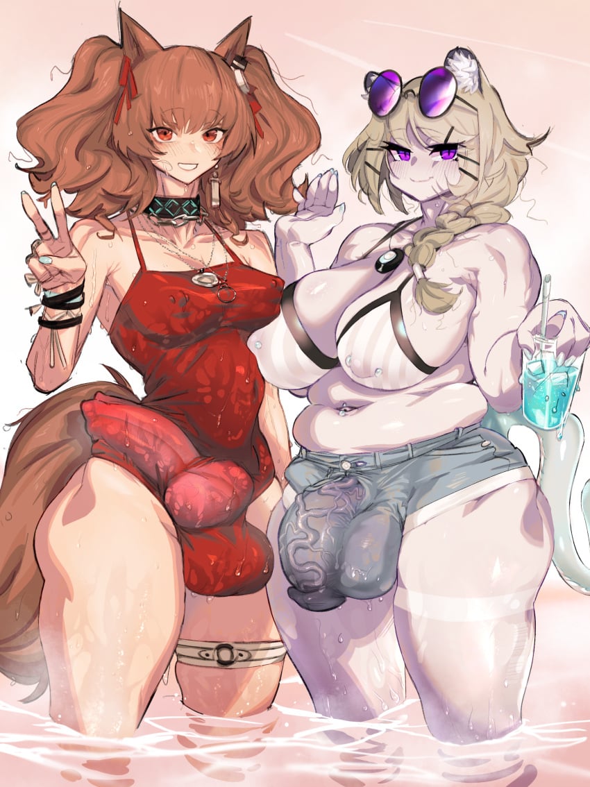 2futas angelina_(arknights) animal_ears animal_genitalia animal_penis arknights balls big_balls big_breasts big_penis blonde_hair breasts brown_hair bulge canine_penis chubby clothed clothing erection erection_under_clothes eyewear_on_head female_focus flaccid futa_only futanari horny hotpants huge_breasts huge_cock humanoid humanoid_penis kemonomimi knot long_hair partially_clothed peace_sign penis penis_bulge penis_size_difference penis_under_clothes plump red_eyes see-through short_hair standing sunglasses_on_head swimsuit swimwear tagme thick_thighs twintails uncensored utage_(arknights) utage_(summer_flowers)_(arknights) veiny_penis victim_alice violet_eyes wet wet_clothes wide_hips