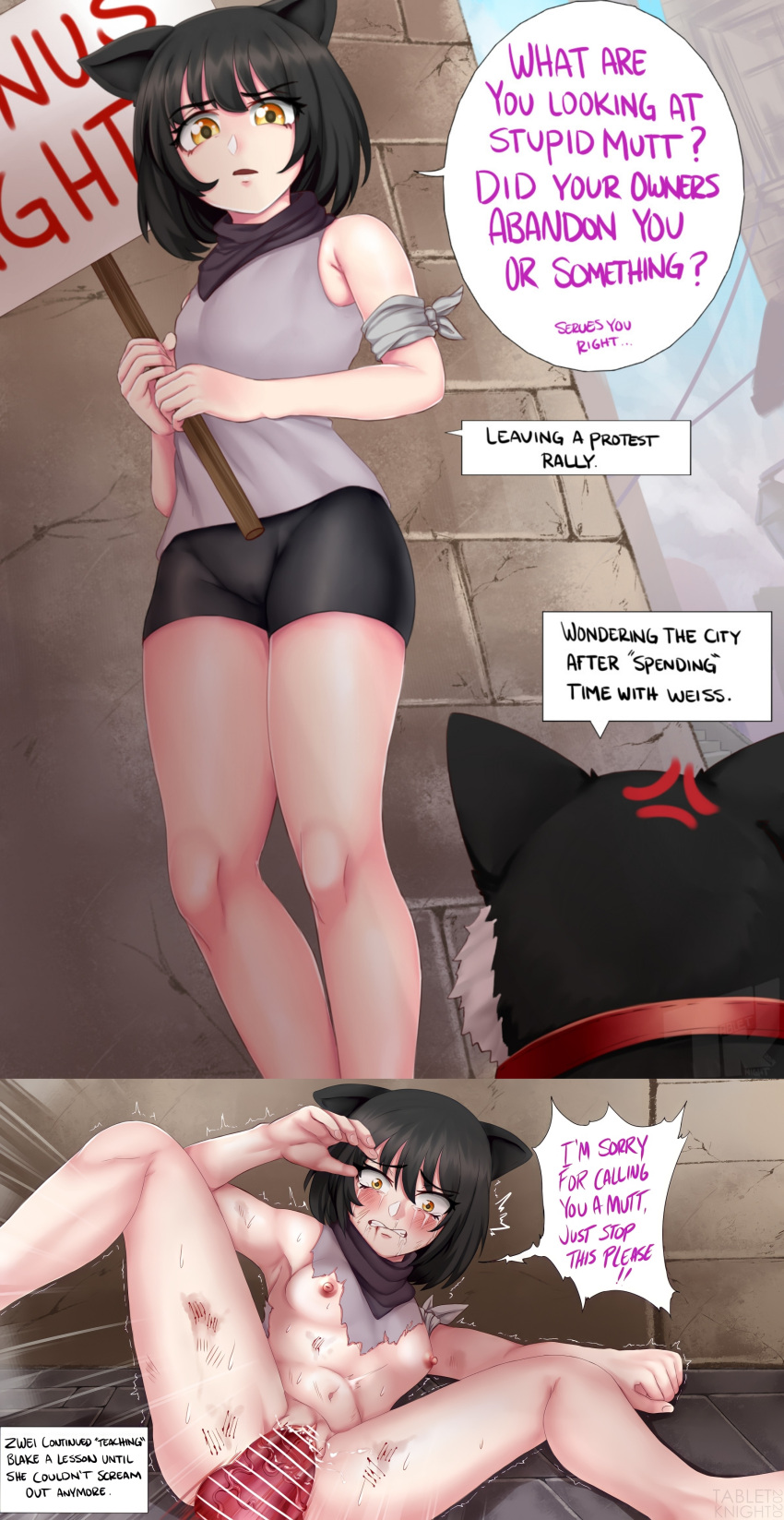 1girls 2koma alley alleyway anger_vein animal_genitalia apologizing black_hair blake_belladonna blood breasts cameltoe canid canine cat_ears catgirl clothed crying crying_with_eyes_open cum cum_inside dog domestic_dog english_text faunus female female_focus glaring handkerchief holding_sign instant_loss_2koma interspecies laying_on_back legs legs_apart looking_at_another looking_down naked neckerchief nipples on_ground rape ripped_clothes ripped_clothing rwby scratches shirt small_breasts spats tabletknight tears text torn_clothes twitching zoophilia zwei