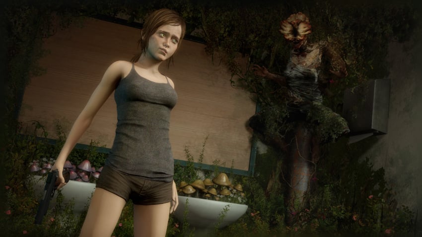 3d anticipation clicker clothing ellie_(the_last_of_us) ellie_williams female firearm handgun human monster naughty_dog pale_skin petite shiftop shirt sony_interactive_entertainment standing the_last_of_us weapon