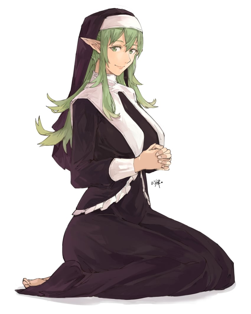 1girls absurdres alternate_costume bangs barefoot black_dress breasts closed_mouth commentary dress english_commentary eyebrows_visible_through_hair female female_only fingernails fire_emblem fire_emblem_awakening full_body green_eyes green_hair habit hair_between_eyes highres large_breasts lips long_hair looking_at_viewer nintendo nun own_hands_together pink_lips pointy_ears sakuremi seiza sidelocks signature simple_background sitting smile solo tiki_(adult)_(fire_emblem) tiki_(fire_emblem) veil white_background