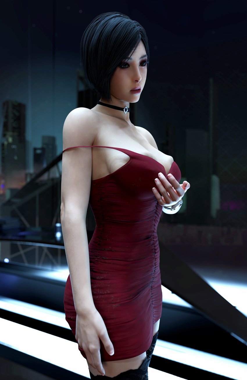 3d 3d_(artwork) ada_wong ada_wong_(adriana) black_choker black_lace_stockings capcom clock fingers_on_breast major_guardian red_dress resident_evil resident_evil_2 resident_evil_2_remake straps_off_shoulders