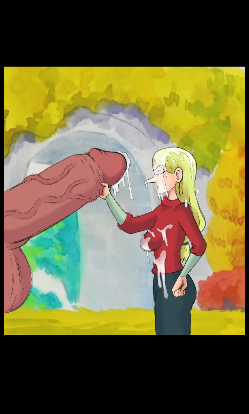 big_breasts big_nose blonde_hair cum_covered cum_on_breasts cum_on_face cum_on_nose cumshot facial_cumshot giant_penis handjob king_bosse ousama_ranking queen_hilling ranking_of_kings red_shirt size_difference