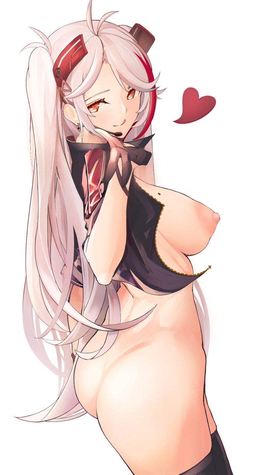 areolae ass azur_lane bangs black_legwear bottomless breasts collar collared_jacket female gloves heart highres jacket large_areolae large_breasts legwear licking_lips looking_at_viewer looking_to_the_side microphone mole mole_on_breast naughty_face nipples no_bra no_panties orange_eyes partially_undressed prinz_eugen_(azur_lane) prinz_eugen_(final_lap)_(azur_lane) puffy_areolae race_queen sideboob solo thighhighs tongue tongue_out twintails white_hair yusha_(m-gata)