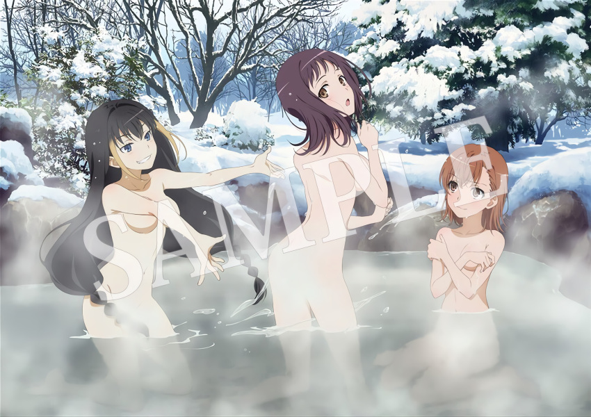 10s 2018 3girls :o ass bare_back bare_shoulders bare_thighs barefoot black_hair blue_eyes blush breasts brown_eyes brown_hair casual_nudity completely_nude completely_nude_female covering_breasts day dyed_hair forest_background hi_res hot_spring itsuwa kneeling large_breasts lessar_(to_aru_majutsu_no_index) light-skinned_female long_hair looking_back medium_breasts misaka_mikoto multiple_girls navel no_sex nude nude_female official_art onsen open_mouth outdoors pale-skinned_female partially_submerged purple_hair sample short_hair sitting small_breasts snow splashing steam tapestry teenage_girl teenager thighs to_aru_kagaku_no_railgun to_aru_majutsu_no_index water wet young