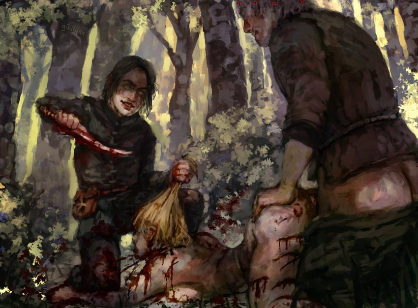 1girls 2boys a_song_of_ice_and_fire ambiguous_penetration bite_marks blonde_hair blood blood_bath blood_stain breasts bush clothed clothed_male_nude_female color cuts death detailed_background empty_eyes female female_death forced forest from_behind game_of_thrones gibilynx guro hair_grab hair_pull knife long_hair male medium_breasts mmf_threesome murder naked necrophilia nude nude_female outercourse outside painting painting_(artwork) pants_down ramsay_bolton rape reek_(asoiaf) sadism sex_from_behind smile snuff threesome throat_slit torture tree uncensored