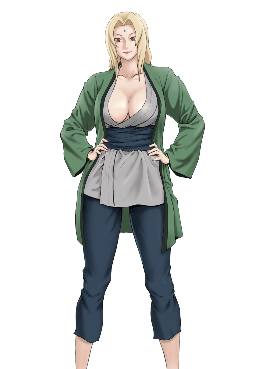 blonde_hair breasts brown_eyes cleavage closed_mouth daigo daigo_(doujin_artist) facial_mark feet_out_of_frame female female_focus forehead_mark hands_on_hips highres jacket large_breasts legs legs_apart long_hair looking_at_viewer nail_polish naruto naruto_(series) naruto_shippuden red_nails simple_background smile solo standing thighs tsunade twintails white_background