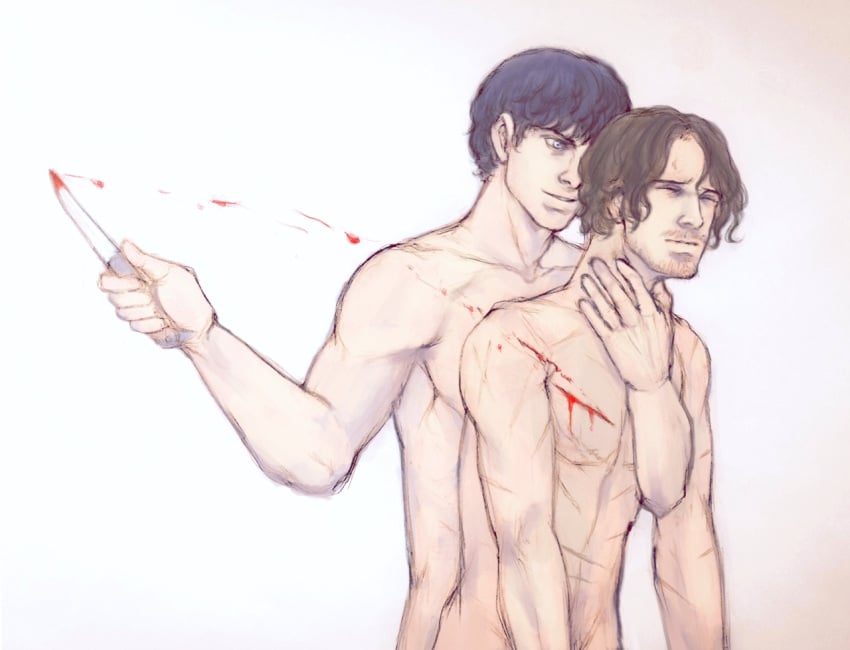 a_song_of_ice_and_fire black_hair blood brown_hair closed_eyes cut facial_hair game_of_thrones gay hand_on_neck knife knife_play male male_only mamicon nude pain ramsay_bolton sadism scars scratches slave smile theon_greyjoy yaoi