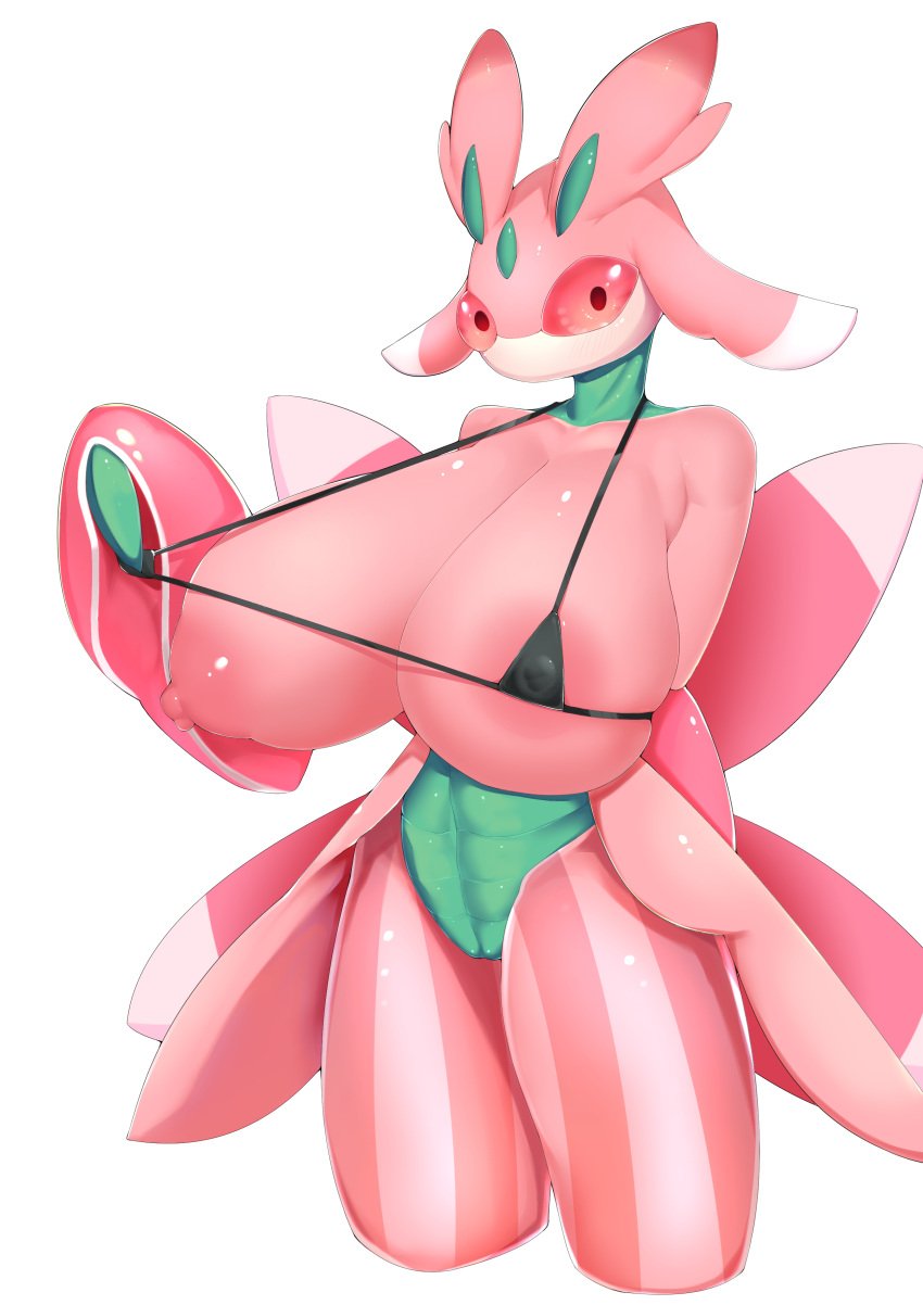 absurd_res anthro big_breasts bikini breasts clothing female hbky1101 hi_res lurantis micro_bikini nintendo nipples pink_body pokémon_(species) pokemon solo swimwear video_games