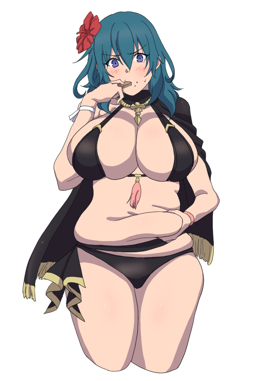 1girls alternate_costume belly big_belly bikini black_bikini black_swimsuit blue_eyes blue_hair blush breasts byleth_(fire_emblem) byleth_(fire_emblem)_(female) byleth_(summer)_(fire_emblem)_(female) chubby chubby_female clothed eating embarrassed female female_only fire fire_emblem fire_emblem:_three_houses fire_emblem_heroes flower_in_hair grabbing_own_belly huge_breasts karaage53ko looking_at_viewer love_handles necklace nintendo official_alternate_costume overweight pov skindentation solo solo_female swimsuit thick_thighs thighs voluptuous wide_hips wristband