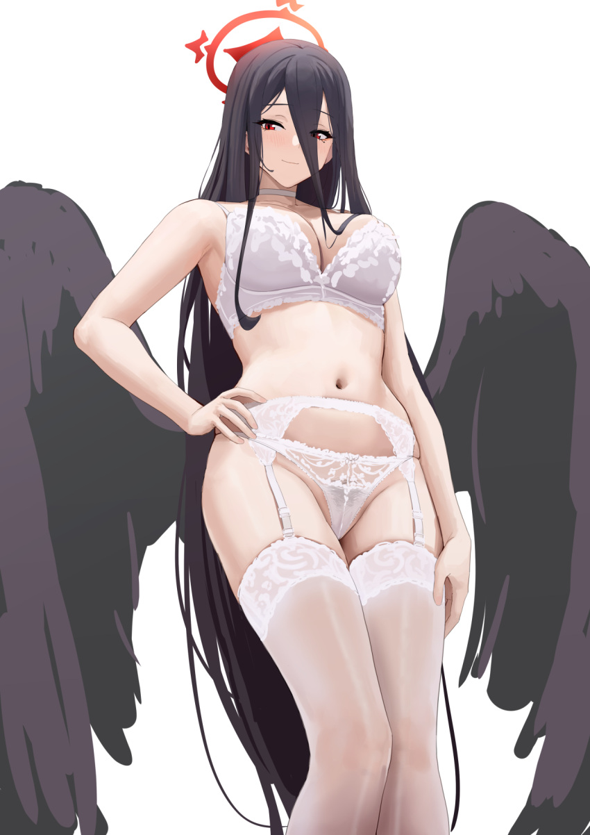 1girls bangs bare_shoulders black_hair black_wings blue_archive blush bra breasts chela77 cleavage female garter_belt halo hasumi_(blue_archive) highres justice_task_force_(blue_archive) large_breasts long_hair looking_at_viewer mole_under_eye navel panties red_eyes smile solo thighhighs thighs trinity_general_school_student underwear very_long_hair white_background white_bra white_legwear white_panties wings