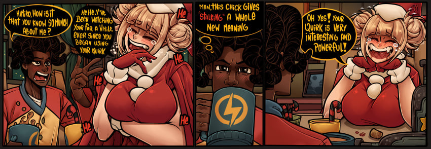 black_hair blonde_hair blush breasts candy_cane castleart christmas comic comic_page crossover cups dark-skinned_male dark_skin dc_comics dcau dialogue drinking drunk eastern_and_western_character fangs himiko_toga interracial laughing my_hero_academia pale-skinned_female pale_skin smiling speech_bubble static_(superhero) static_shock virgil_hawkins yandere