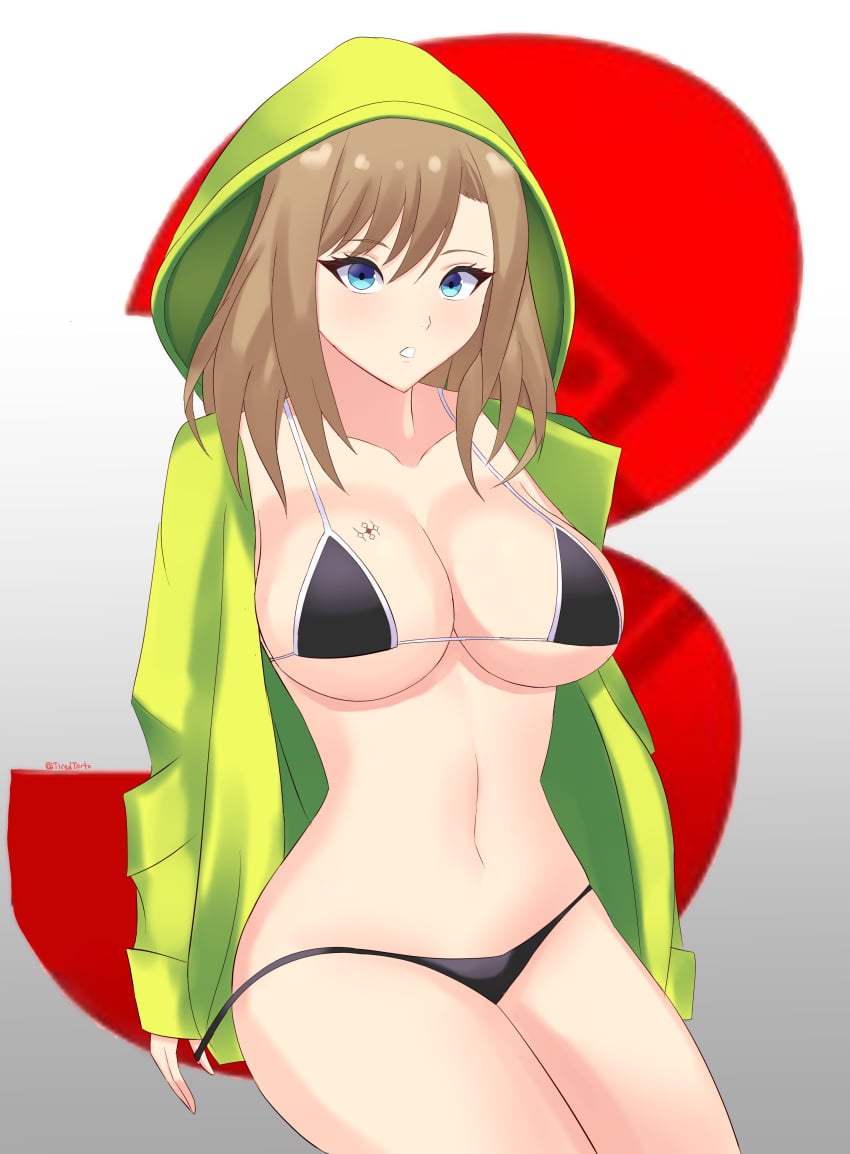 1girls big_breasts bikini blue_eyes breasts brown_hair brown_hair eunie_(xenoblade) hips hoodie medium_hair nintendo tiredtorto xenoblade_(series) xenoblade_chronicles_3