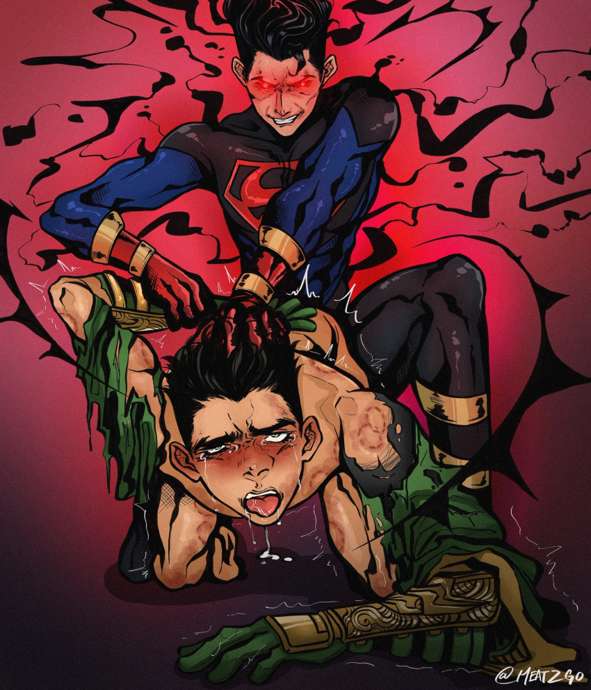 anal anal_sex batman_(series) cum cumming damian_wayne dc dc_comics flushed gay gay_sex jon-el jonathan_kent justthemeat/meat2go male new_52 panting pleasure_face precum ripped_clothing robin_(damian_wayne) robin_(dc) superboy superboy_(jonathan_kent) superman_(series) supersons teen_boy yaoi