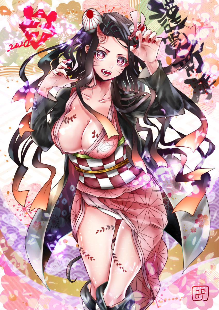 big_breasts black_hair body_markings cleavage daayama demon_girl demon_slayer fangs female female_only gradient_hair hair_ribbon haori horn kamado_nezuko kimetsu_no_yaiba kimono long_hair looking_at_viewer mouse_ears mouse_girl mouse_tail nipple_slip no_bra obi okshutoku open_kimono open_mouth panties pink_eyes red_nails sharp_fingernails solo thigh_gap two_tone_hair whiskers white_panties year_of_the_rat