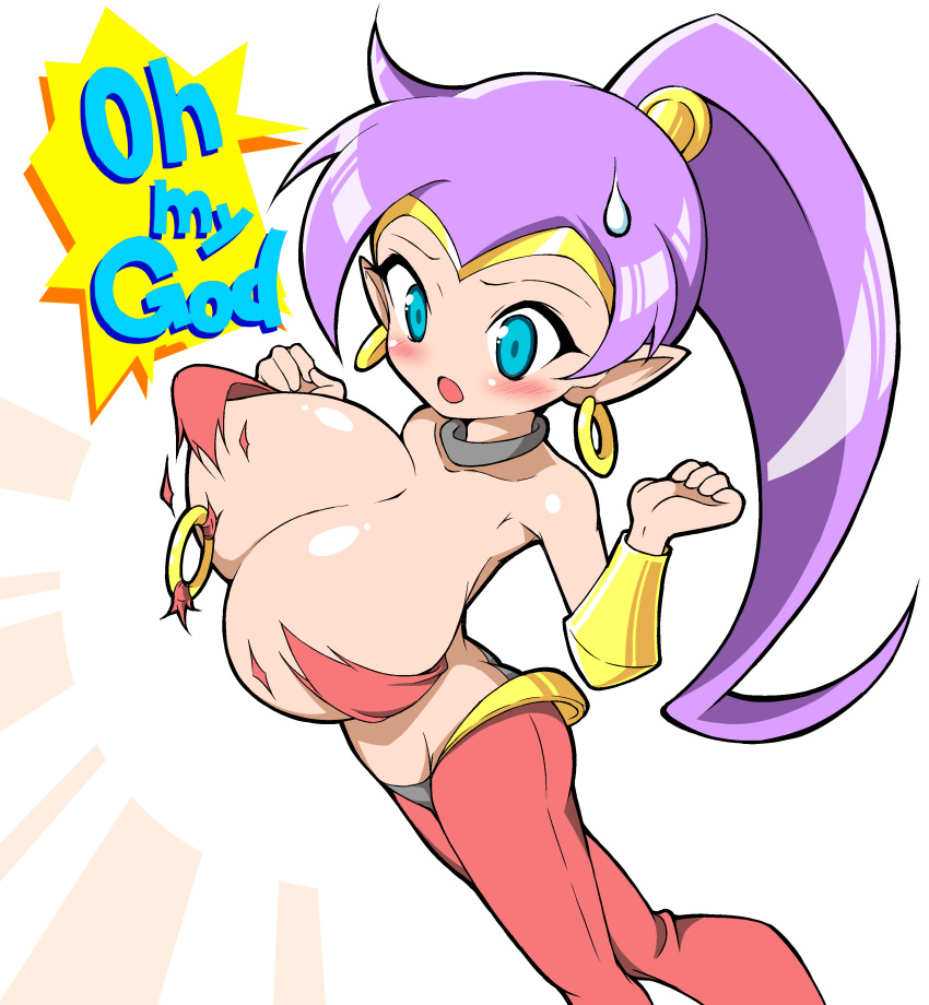 alternate_skin_color blue_eyes breast_expansion breasts bursting_breasts earrings embarrassed english_text female female_only high_resolution large_breasts miteinano purple_hair shantae shantae_(character) smooth_skin solo very_high_resolution wardrobe_malfunction