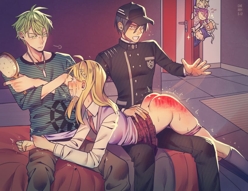 3girls 4boys ahoge akamatsu_kaede ass bare_hips black_hair blonde_hair blush butt_crack cherrys-12 clothes_lift crying danganronpa danganronpa_(series) danganronpa_v3:_killing_harmony dwarfism exposed_ass green_hair hair_brush hat highres humiliation irish iruma_miu jewelry multiple_boys multiple_girls musical_note necklace necktie ouma_kokichi over_the_knee_spanking panties panty_pull pink_panties public_exposure public_humiliation purple_skirt rantaro_amami ryoma_hoshi saihara_shuuichi signature skirt skirt_lift socks spanking straight_hair tears thick_thighs thighs underwear voyeurism white_sleeves yonaga_angie