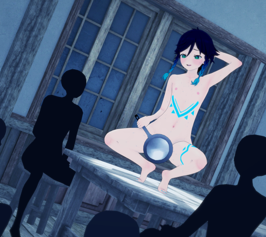 1boy 3d barefoot black_hair blue_hair completely_nude completely_nude_male covering embarrassed_nude_femboy embarrassed_nude_male exhibitionism femboy frying_pan genshin_impact koikatsu light_skin male male_focus male_only mihoyo multicolored_hair navel nipples nude nude_male poly_(artist) short_hair squatting toenail_polish twin_braids venti_(genshin_impact) yaoi