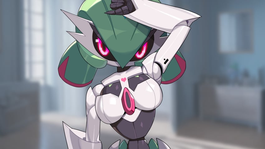 2d android athletic_female breasts detailed_background drunkoak female female_focus female_only female_pokemon green_hair heart iron_valiant large_breasts looking_at_viewer nintendo paradox_pokemon pink_eyes pokémon_(species) pokemon pokemon_sv robot robot_girl robot_humanoid robot_joints