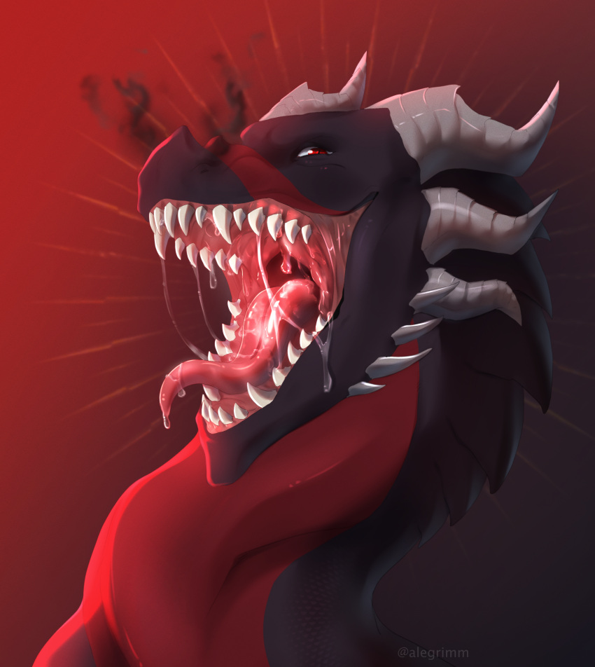 absurd_res alegrimm bodily_fluids dragon draken_(character) draken_sjacharytiss drakrothiken feral hi_res horn male mouth_shot open_mouth saliva saliva_string salivating scalie smoke smoke_from_nose solo tongue vore western_dragon