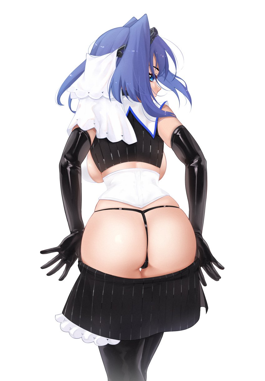 1girls 2022 ass backboob bangs black_gloves black_legwear black_panties black_skirt blue_eyes blue_hair breasts clothes_pull elbow_gloves female female_focus female_only from_behind g-string gloves greatodoggo head_chain highres hololive hololive_english hololive_english_-council- hololive_english_-promise- large_breasts leaning_forward looking_at_viewer looking_back medium_hair ouro_kronii panties pulled_by_self simple_background skirt skirt_pull solo solo_female standing string_panties t-back thighhighs thong underwear virtual_youtuber white_background