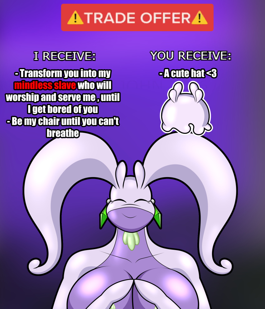 al_gx anthro big_breasts bodily_fluids breasts chubby_female closed_eyes dialogue dominant dominant_female female female_focus first_person_view goodra huge_breasts hypnosis looking_at_viewer mature_female meme mind_control nintendo offscreen_character older_female opal_(al_gx) pokemon pokemon_(species) purple_body slime solo text trade_offer video_games wide_hips