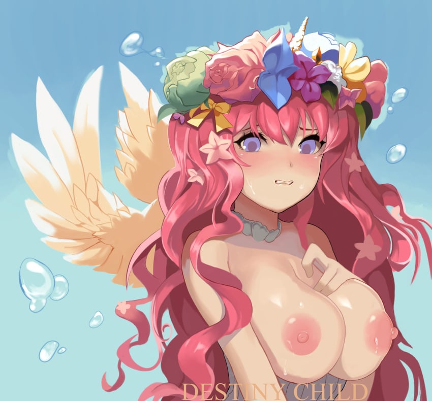 breasts bubbles destiny_child flower_crown looking_down necklace nipples red_hair rusalka shah_(artist) squeezing_breast very_long_hair